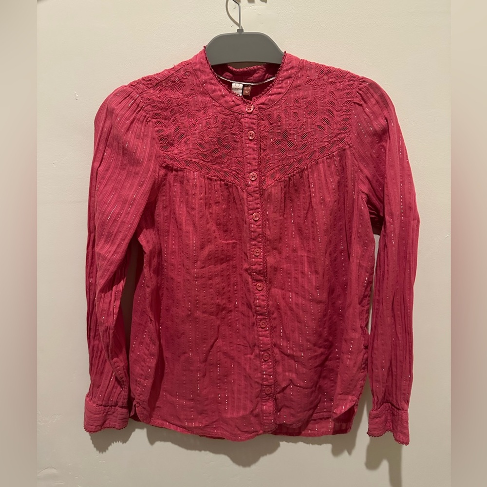 Pilcro - Darling Pink Textured Blouse with Pinstripe shimmer and lace. Size 6